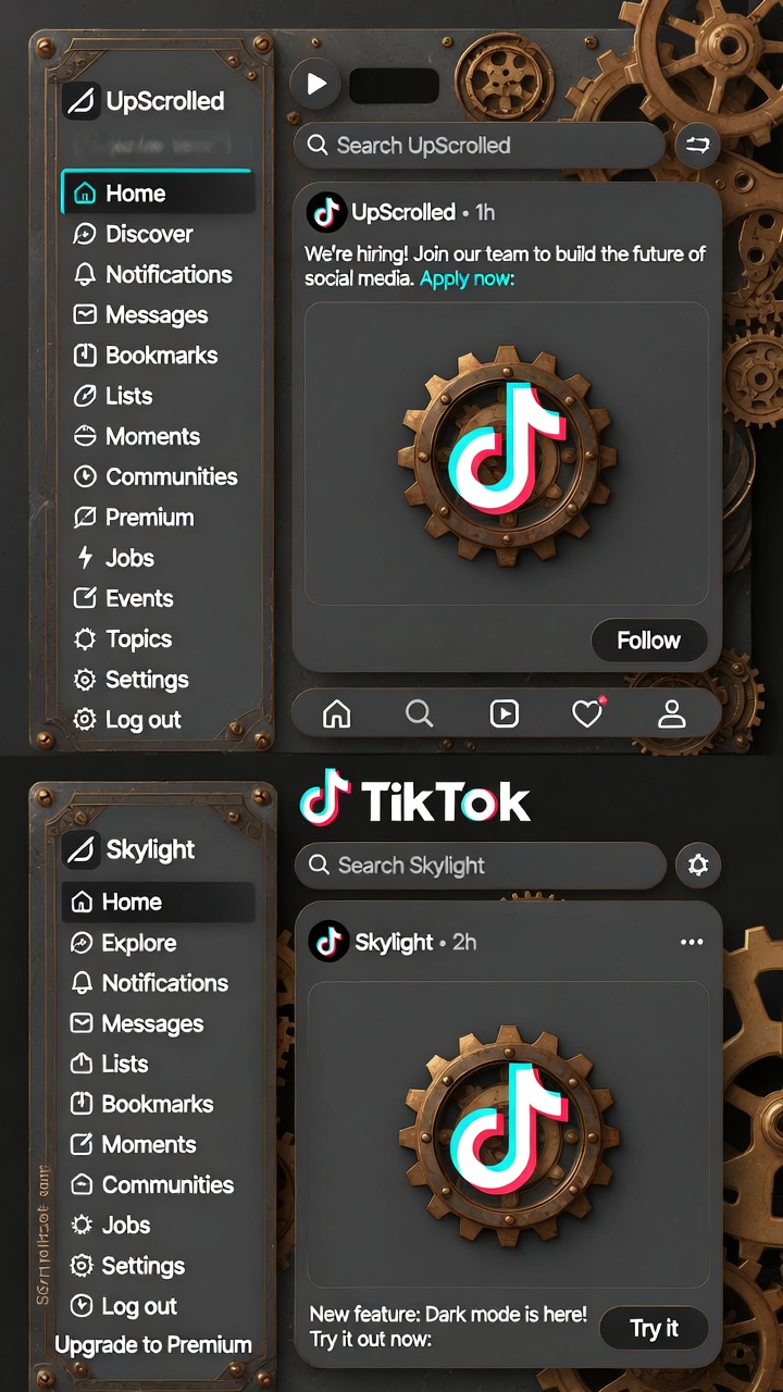 UpScrolled and Skylight interfaces in vertical layout.
